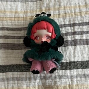SkullpandaDoll Keychain with Green Faux-Fur Hood